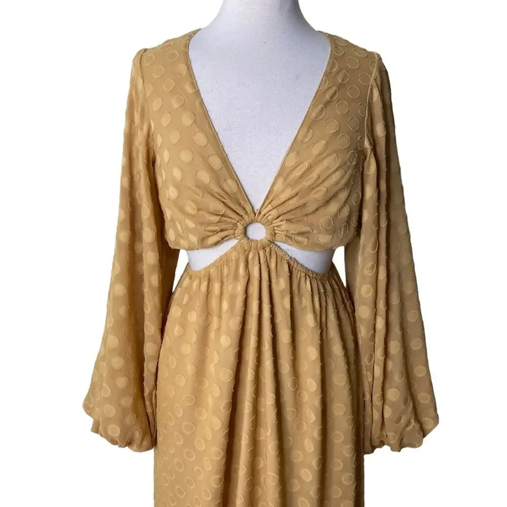 SHOW ME YOUR MUMU Go Out Cut Out Maxi Dress Gold Dot Long Sleeves Boho Medium - Picture 5 of 14